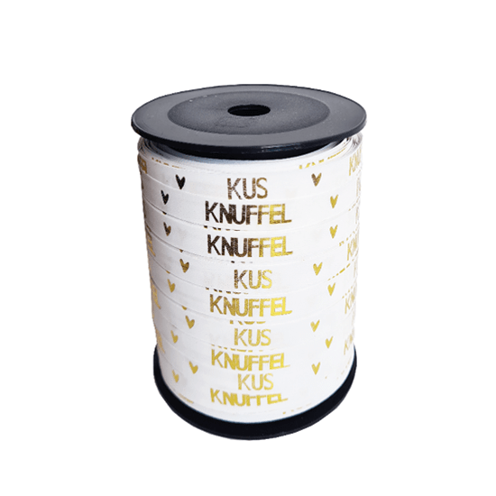 CuteDutch Stationary Cadeaulint - Kus + Knuffel wit/goud (5 meter)